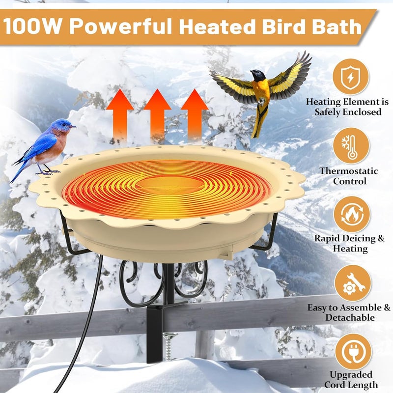 We-buys Heated Bird Baths for Outdoors, 100W Heated Bird Bath for Deck Railing, Heated Birdbath with Thermostat Control, Heated Bird Bath for Outside Winter Garden Patio Yard (Yellow) - Image 2
